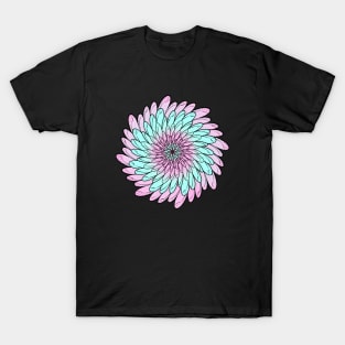 Turquoise Pink Colored Floral Spiral Mandala Line Art T-Shirt